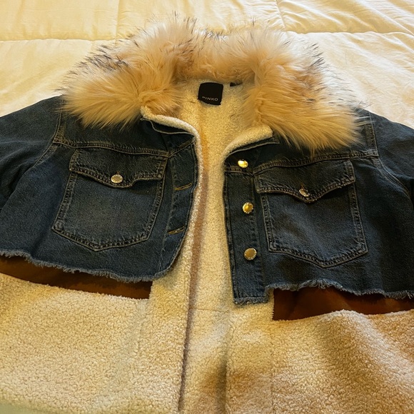 PINKO Faux Fur Trimmed Denim Jacket Size 12 - Picture 17 of 17